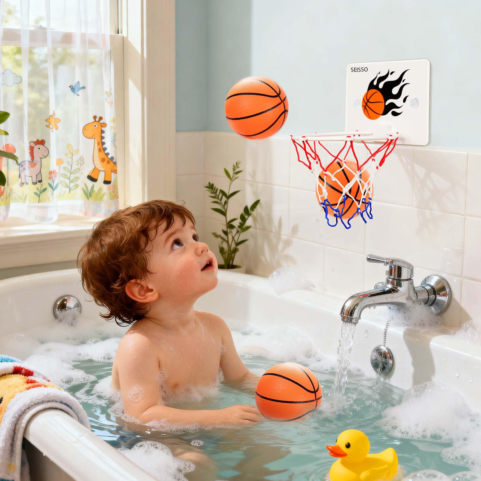SEISSO Indoor Mini Basketball Hoop - Kids Suction Cup Toy with 2 Balls and Pump