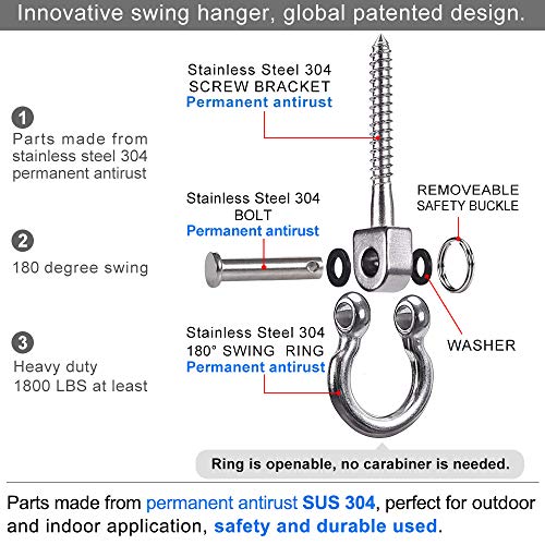 SELEWARE 180° Swing Hangers - Heavy Duty 304 Stainless Steel, 1800LB Capacity per Pair, Rustproof, for Hammocks, Yoga Swings, and More