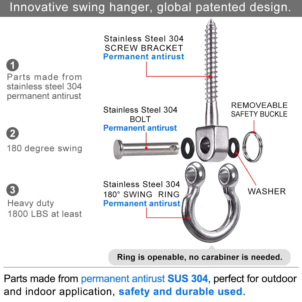 SELEWARE 180° Swing Hangers - Heavy Duty 304 Stainless Steel, 1800LB Capacity per Pair, Rustproof, for Hammocks, Yoga Swings, and More