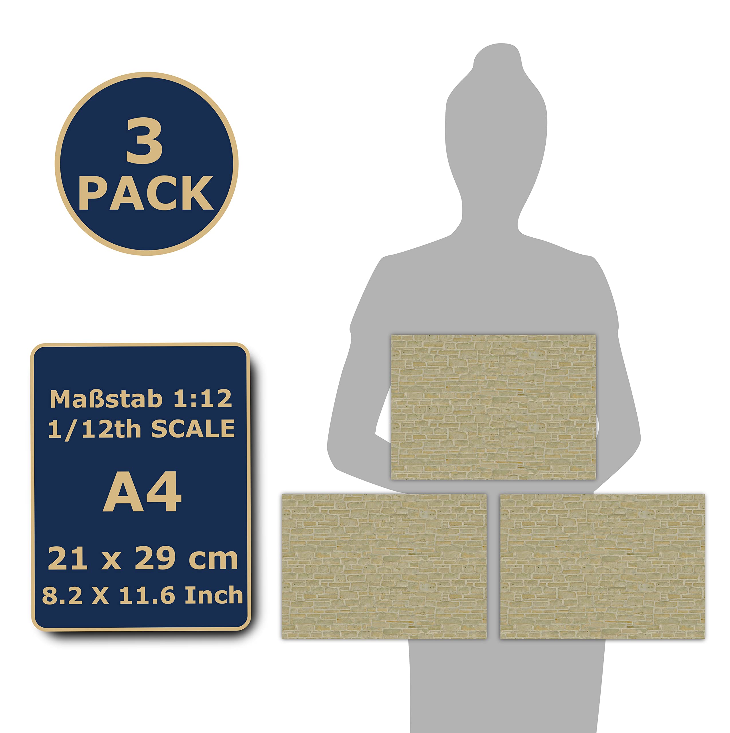 Self-Adhesive Dollhouse Wall Cladding, 1:12 Scale, Limestone, 3 A4 Sheets