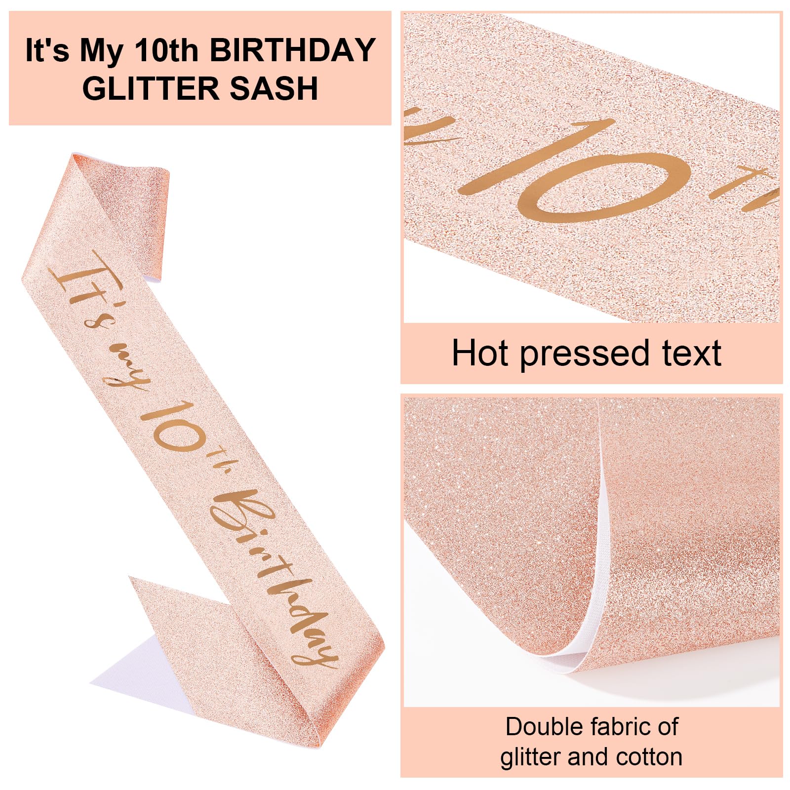 Semato 10th Birthday Crown and Sash Kit for Girls – Rhinestone Tiara, Gold Glitter Sash, Pearl Pin