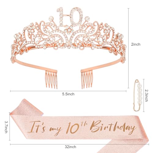 Semato 10th Birthday Crown and Sash Kit for Girls – Rhinestone Tiara, Gold Glitter Sash, Pearl Pin