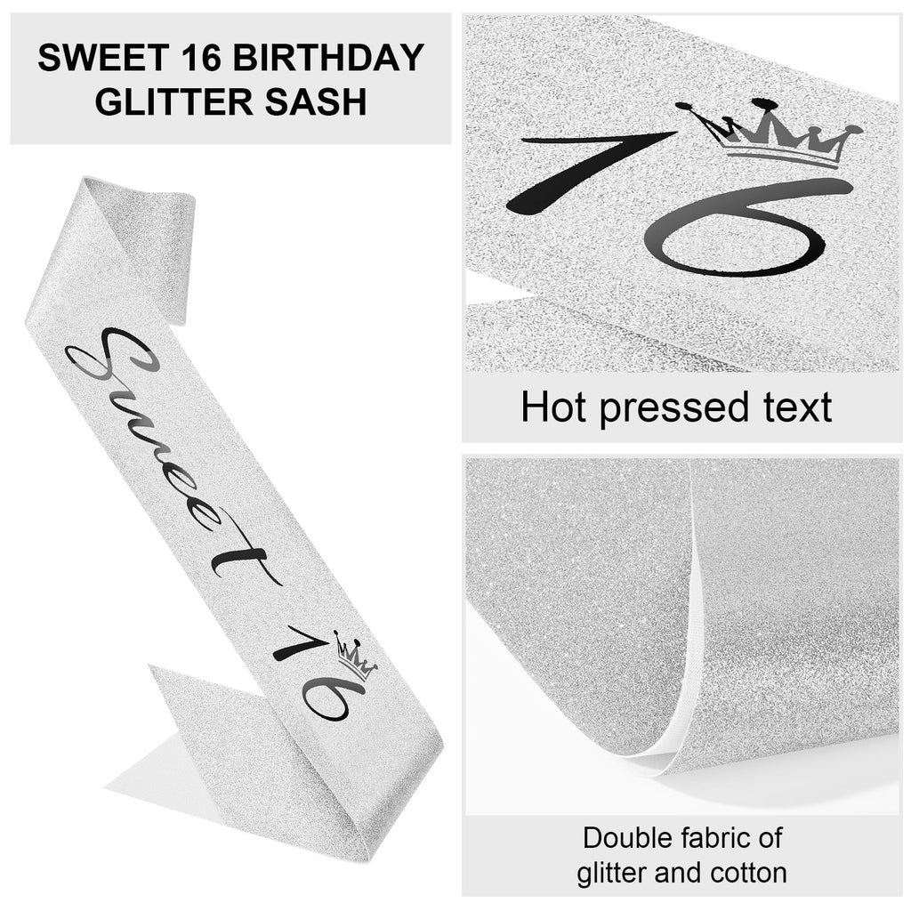 Semato 16th Birthday Crown and Sash Kit – Silver Rhinestone Tiara with Gold Glitter Sash