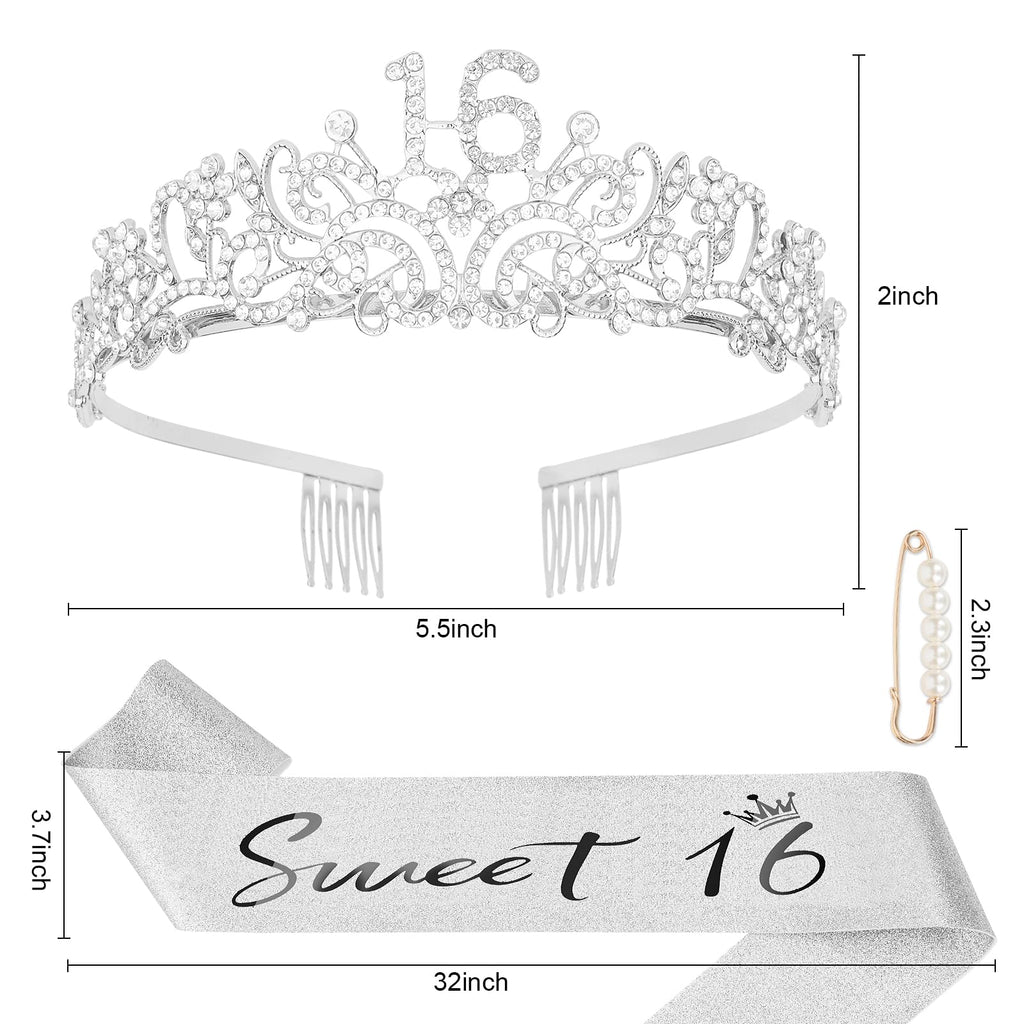 Semato 16th Birthday Crown and Sash Kit – Silver Rhinestone Tiara with Gold Glitter Sash