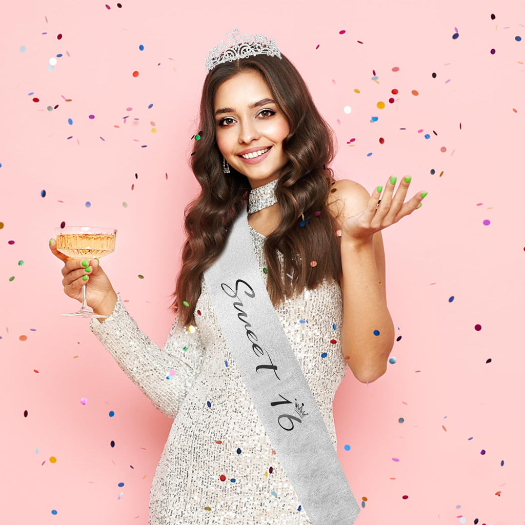Semato 16th Birthday Crown and Sash Kit – Silver Rhinestone Tiara with Gold Glitter Sash