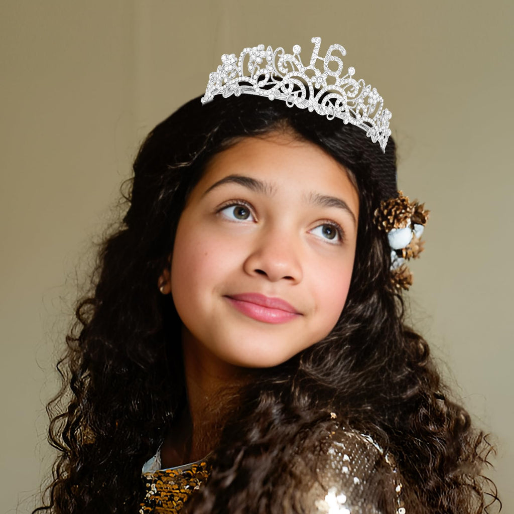 Semato 16th Birthday Crown and Sash Kit – Silver Rhinestone Tiara with Gold Glitter Sash