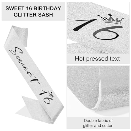 Semato 16th Birthday Crown and Sash Kit – Silver Rhinestone Tiara with Gold Glitter Sash