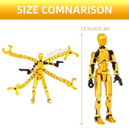 SENROELECTRONAGE T13 Action Figure – 5.4in Pre-Assembled 3D Printed Yellow Dummy 13 with 6 Hand Shapes and 6 Weapons