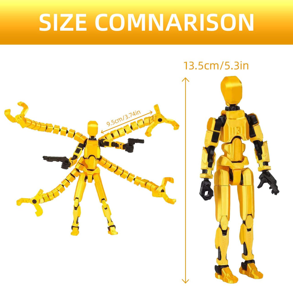 SENROELECTRONAGE T13 Action Figure – 5.4in Pre-Assembled 3D Printed Yellow Dummy 13 with 6 Hand Shapes and 6 Weapons