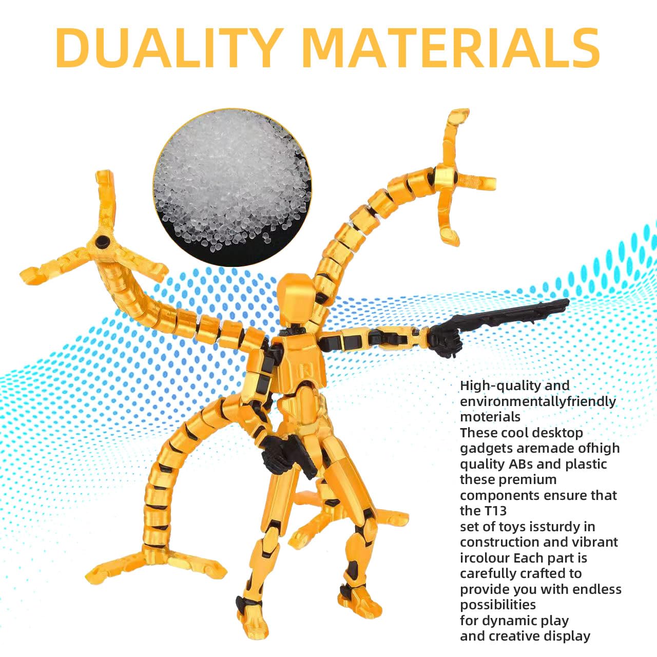 SENROELECTRONAGE T13 Action Figure – 5.4in Pre-Assembled 3D Printed Yellow Dummy 13 with 6 Hand Shapes and 6 Weapons