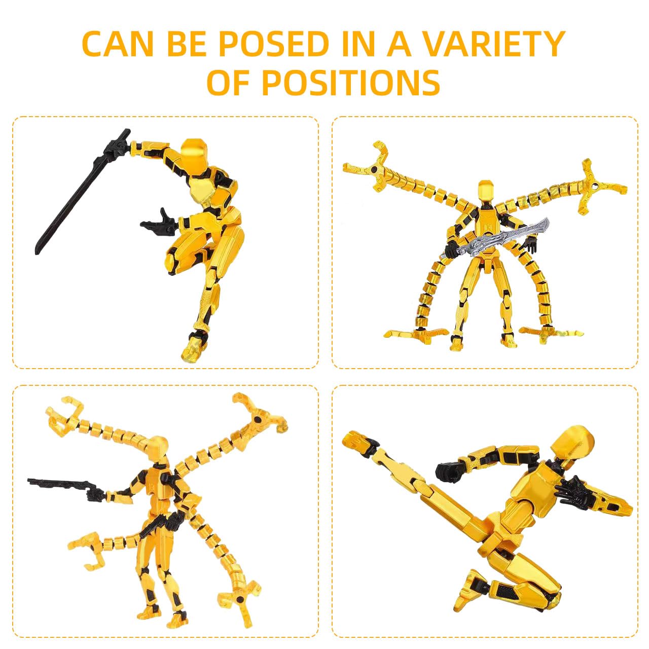 SENROELECTRONAGE T13 Action Figure – 5.4in Pre-Assembled 3D Printed Yellow Dummy 13 with 6 Hand Shapes and 6 Weapons
