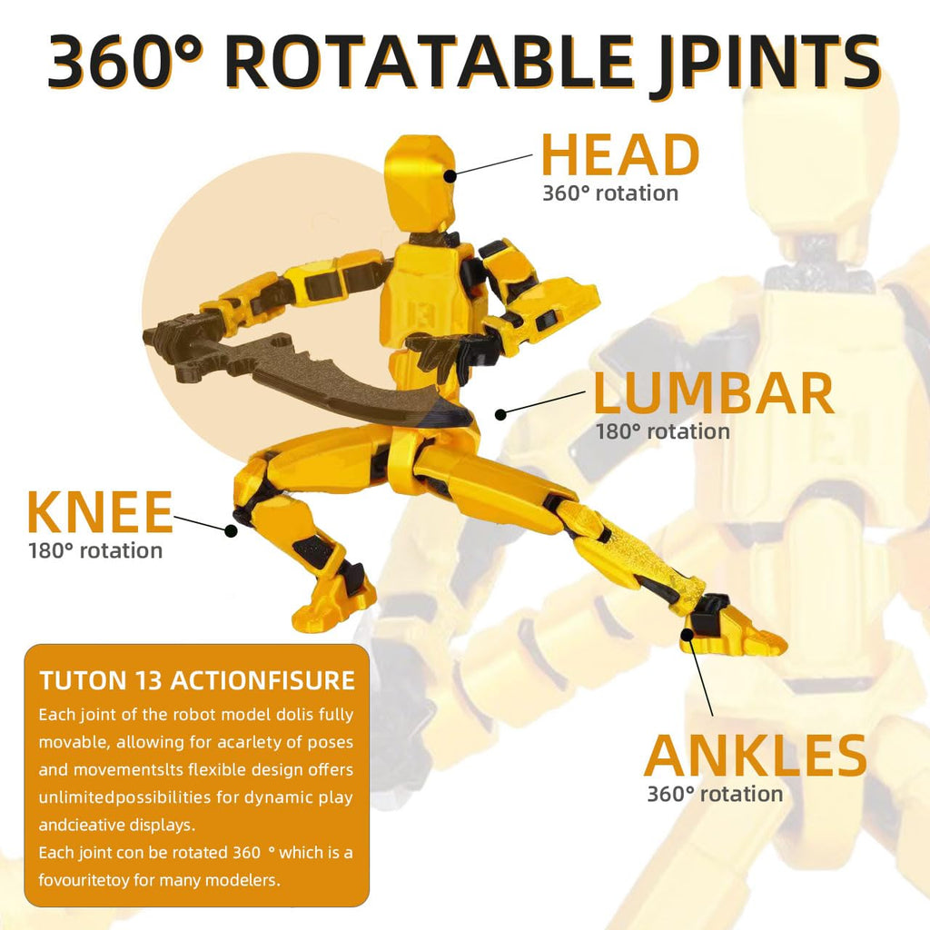 SENROELECTRONAGE T13 Action Figure – 5.4in Pre-Assembled 3D Printed Yellow Dummy 13 with 6 Hand Shapes and 6 Weapons