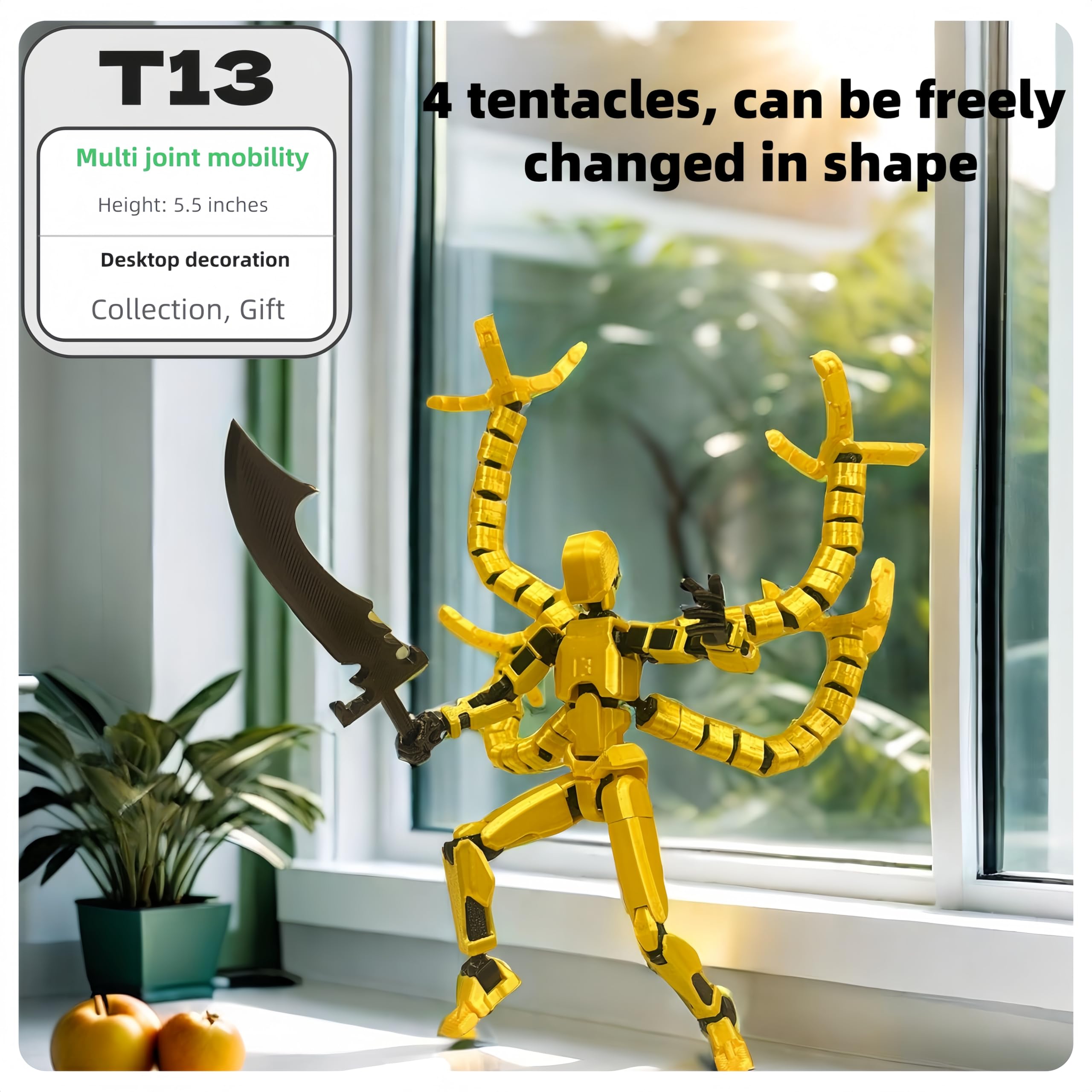 SENROELECTRONAGE T13 Action Figure – 5.4in Pre-Assembled 3D Printed Yellow Dummy 13 with 6 Hand Shapes and 6 Weapons