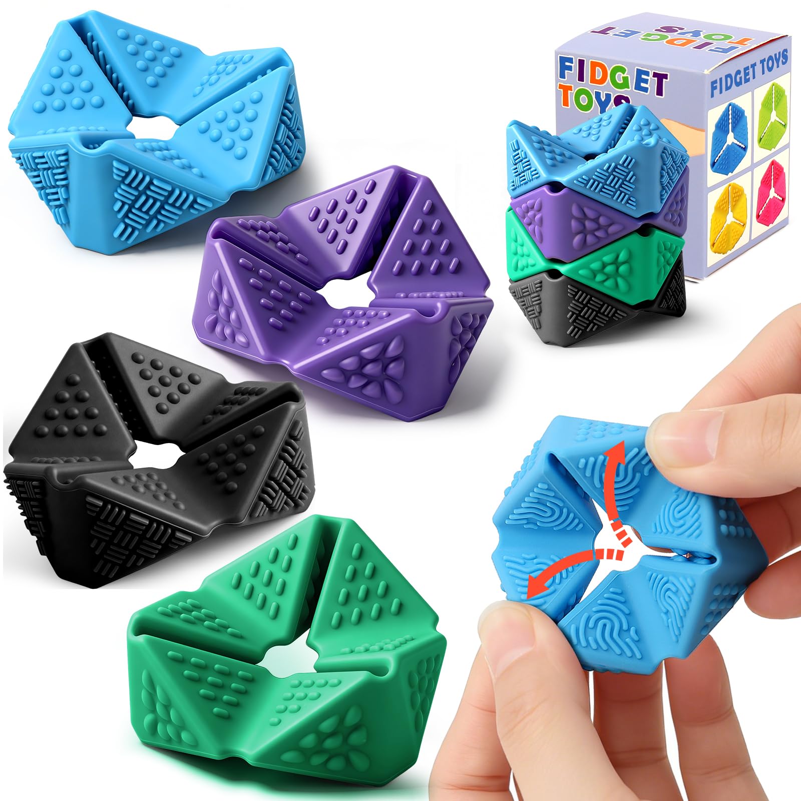 Sensory Fidget Cube Set - 4 Pack Quiet Silicone Flip Cubes for Anxiety Relief, Autism ADHD (2 Inches, Multi-Textured)