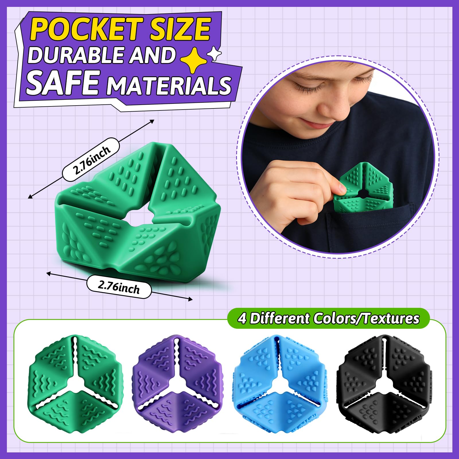 Sensory Fidget Cube Set - 4 Pack Quiet Silicone Flip Cubes for Anxiety Relief, Autism ADHD (2 Inches, Multi-Textured)