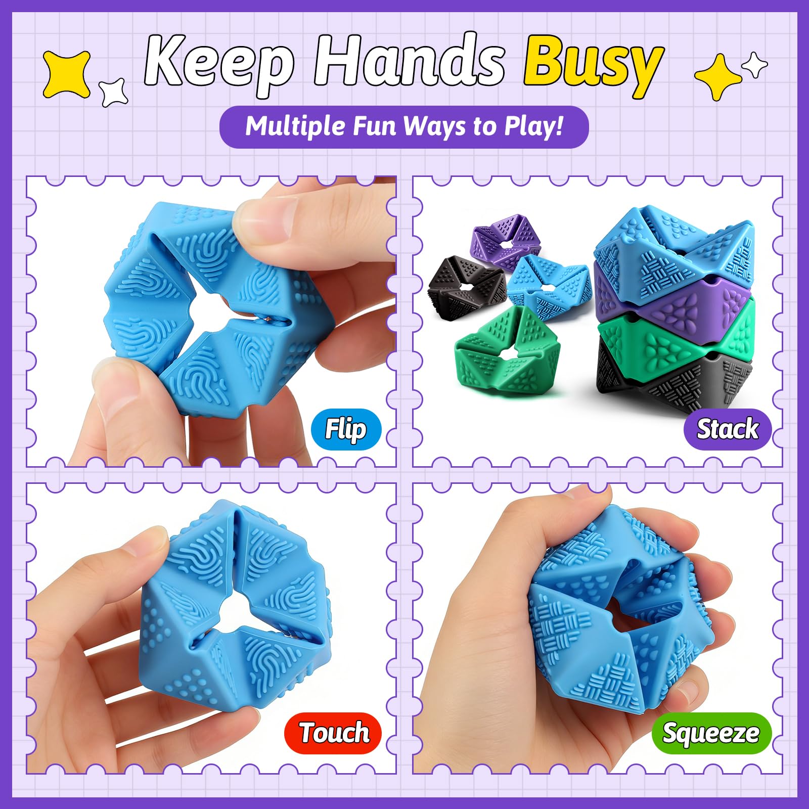Sensory Fidget Cube Set - 4 Pack Quiet Silicone Flip Cubes for Anxiety Relief, Autism ADHD (2 Inches, Multi-Textured)