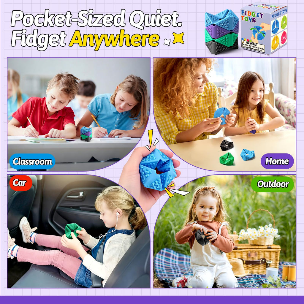 Sensory Fidget Cube Set - 4 Pack Quiet Silicone Flip Cubes for Anxiety Relief, Autism ADHD (2 Inches, Multi-Textured)