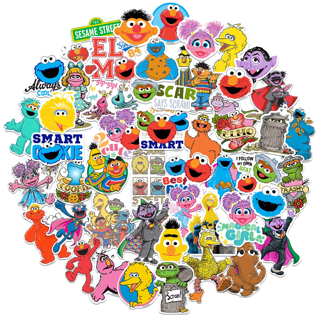 Sesame Street 50-Pack Vinyl Stickers – Elmo, Cookie Monster, Big Bird & More – Die-Cut Decals for Laptops, Water Bottles, and Scrapbooking