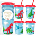 Set of 12 Dinosaur Cups for Kids Party with Straws and Lids - 12 oz Reusable Plastic Cups - Dino Birthday Party Favors