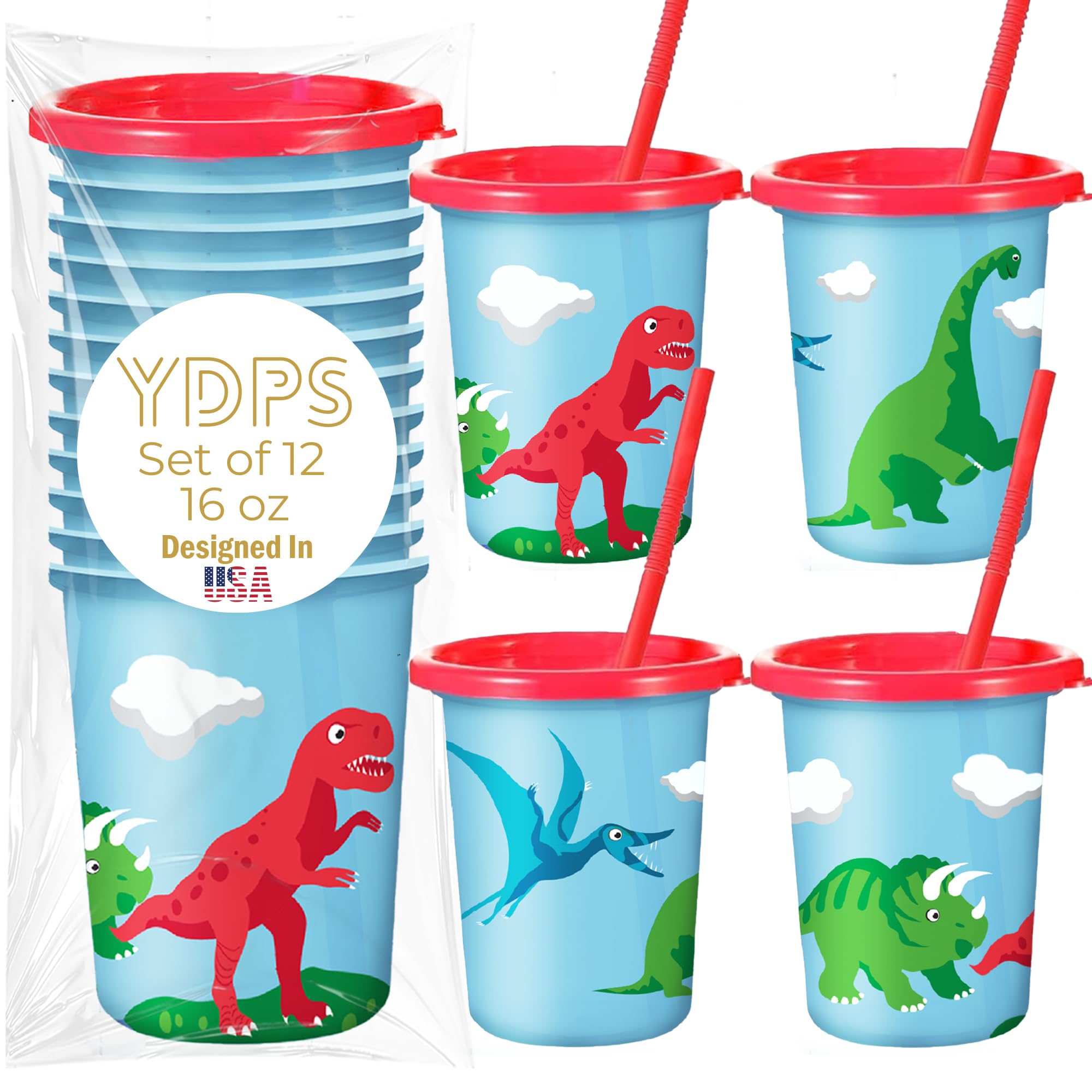 Set of 12 Dinosaur Cups for Kids Party with Straws and Lids - 12 oz Reusable Plastic Cups - Dino Birthday Party Favors