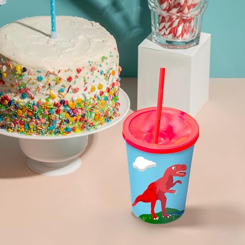 Set of 12 Dinosaur Cups for Kids Party with Straws and Lids - 12 oz Reusable Plastic Cups - Dino Birthday Party Favors