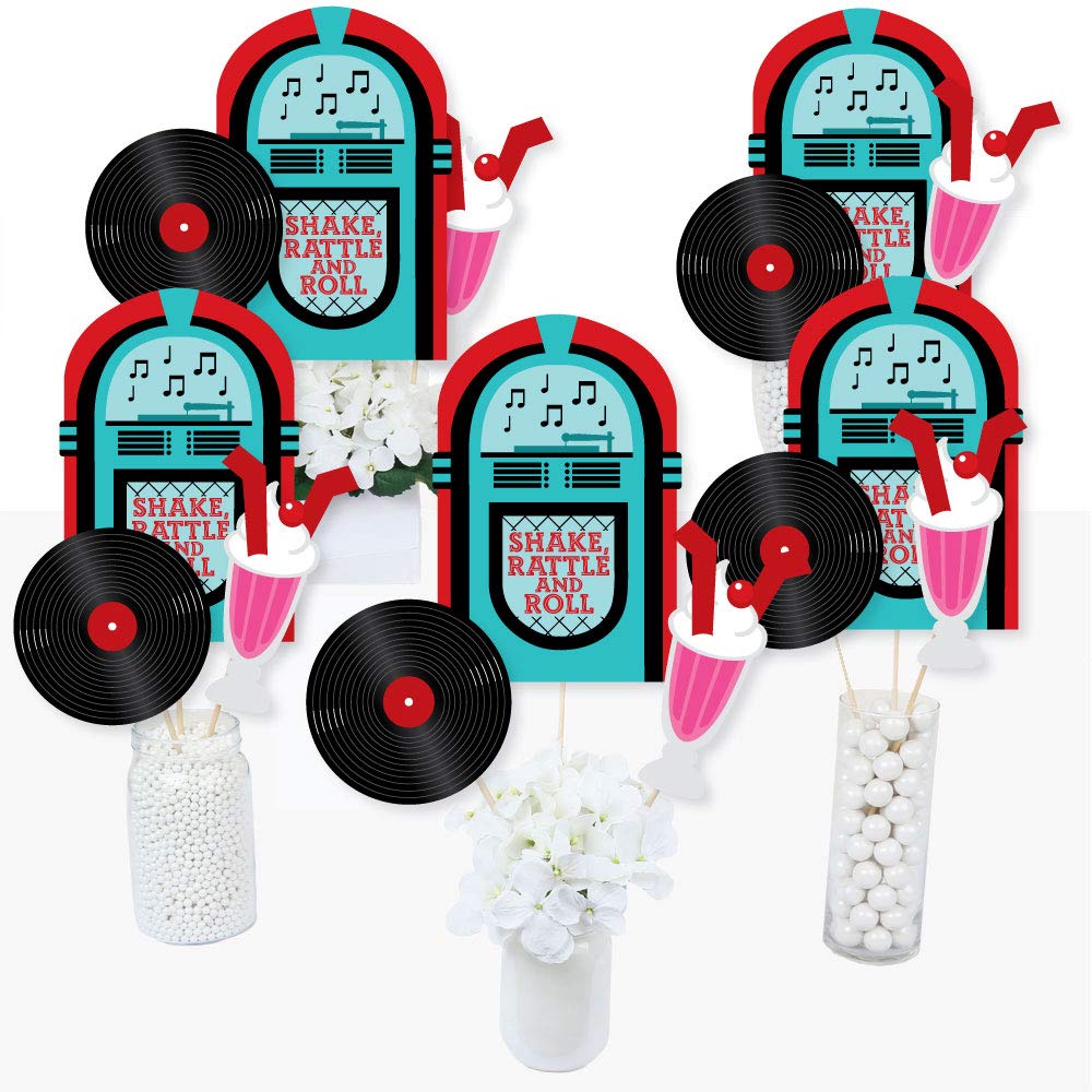 Set of 15 Retro 50's Sock Hop Centerpiece Sticks - Jukebox, Record & Shake Shapes