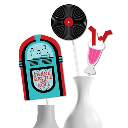 Set of 15 Retro 50's Sock Hop Centerpiece Sticks - Jukebox, Record & Shake Shapes