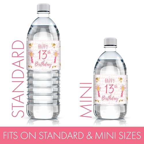Set of 20 Pink & Gold Water Bottle Labels for 13th Birthday – Waterproof Vinyl Stickers by DISTINCTIVS