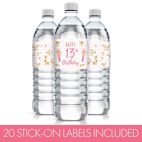 Set of 20 Pink & Gold Water Bottle Labels for 13th Birthday – Waterproof Vinyl Stickers by DISTINCTIVS