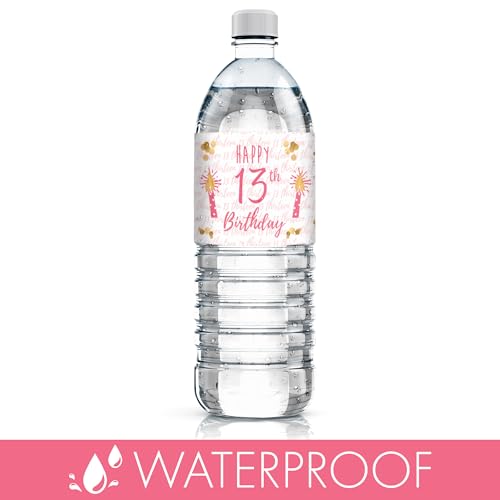 Set of 20 Pink & Gold Water Bottle Labels for 13th Birthday – Waterproof Vinyl Stickers by DISTINCTIVS