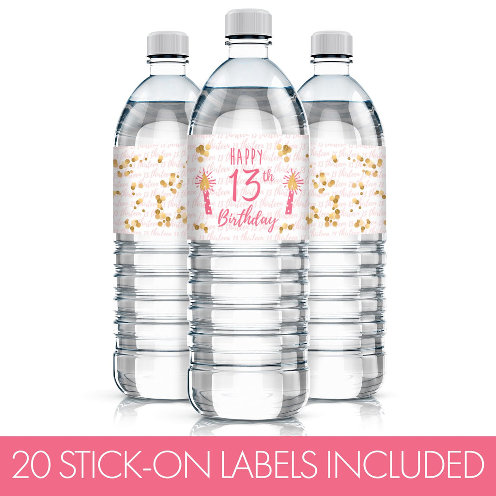 Set of 20 Pink & Gold Water Bottle Labels for 13th Birthday – Waterproof Vinyl Stickers by DISTINCTIVS