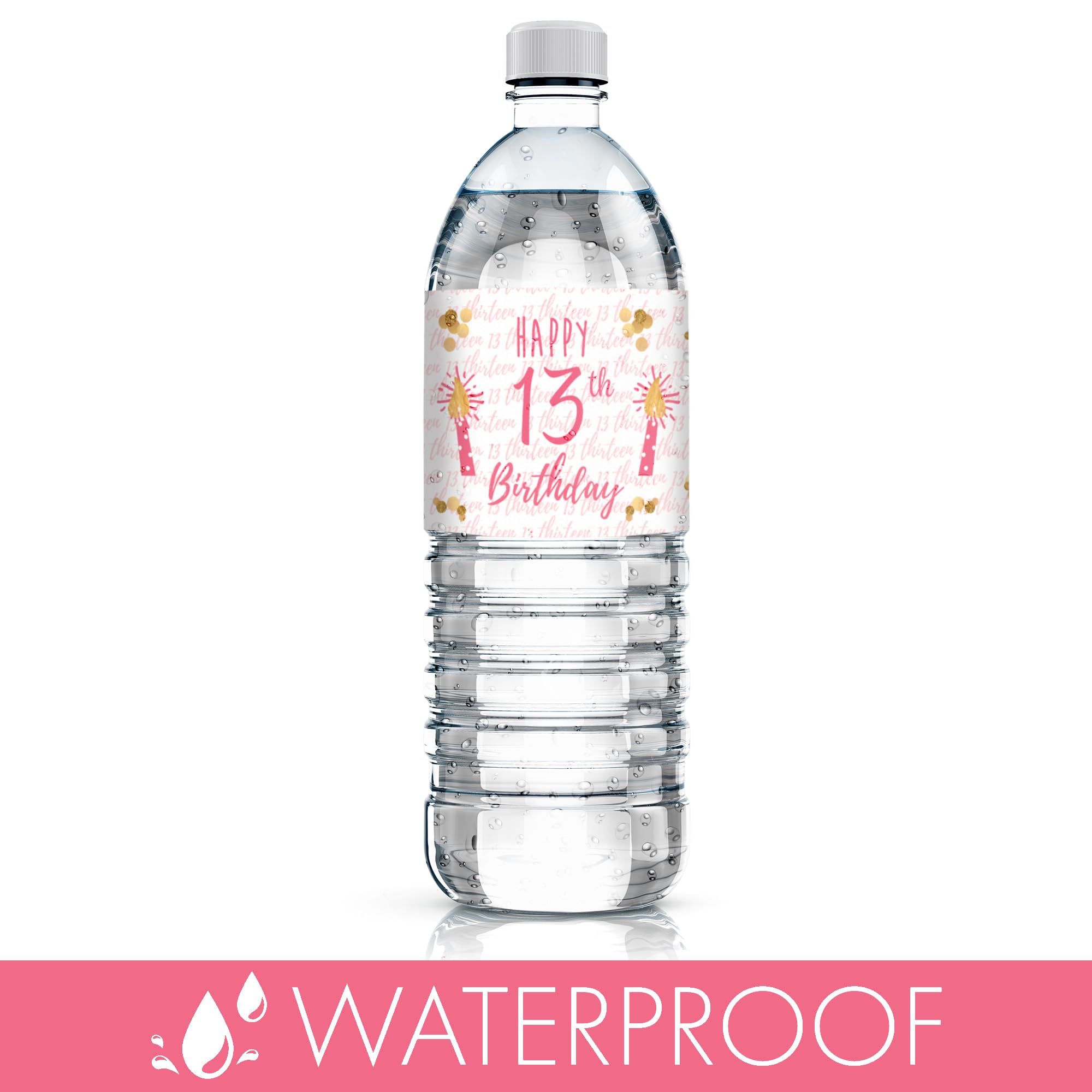 Set of 20 Pink & Gold Water Bottle Labels for 13th Birthday – Waterproof Vinyl Stickers by DISTINCTIVS