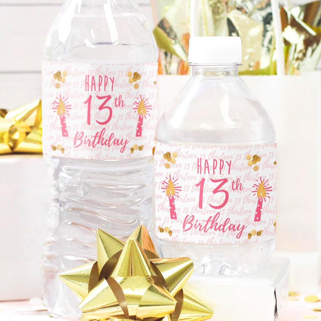 Set of 20 Pink & Gold Water Bottle Labels for 13th Birthday – Waterproof Vinyl Stickers by DISTINCTIVS