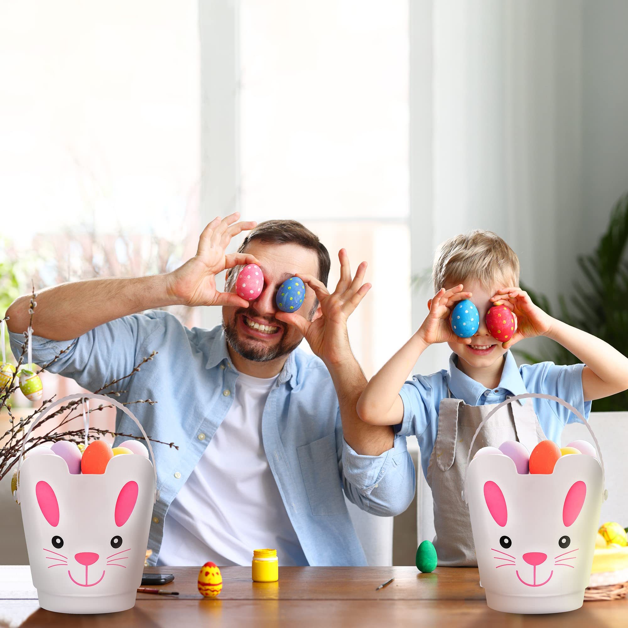 Set of 3 Zcaukya Easter Buckets – Plastic Bunny Baskets with Handles for Egg Hunts