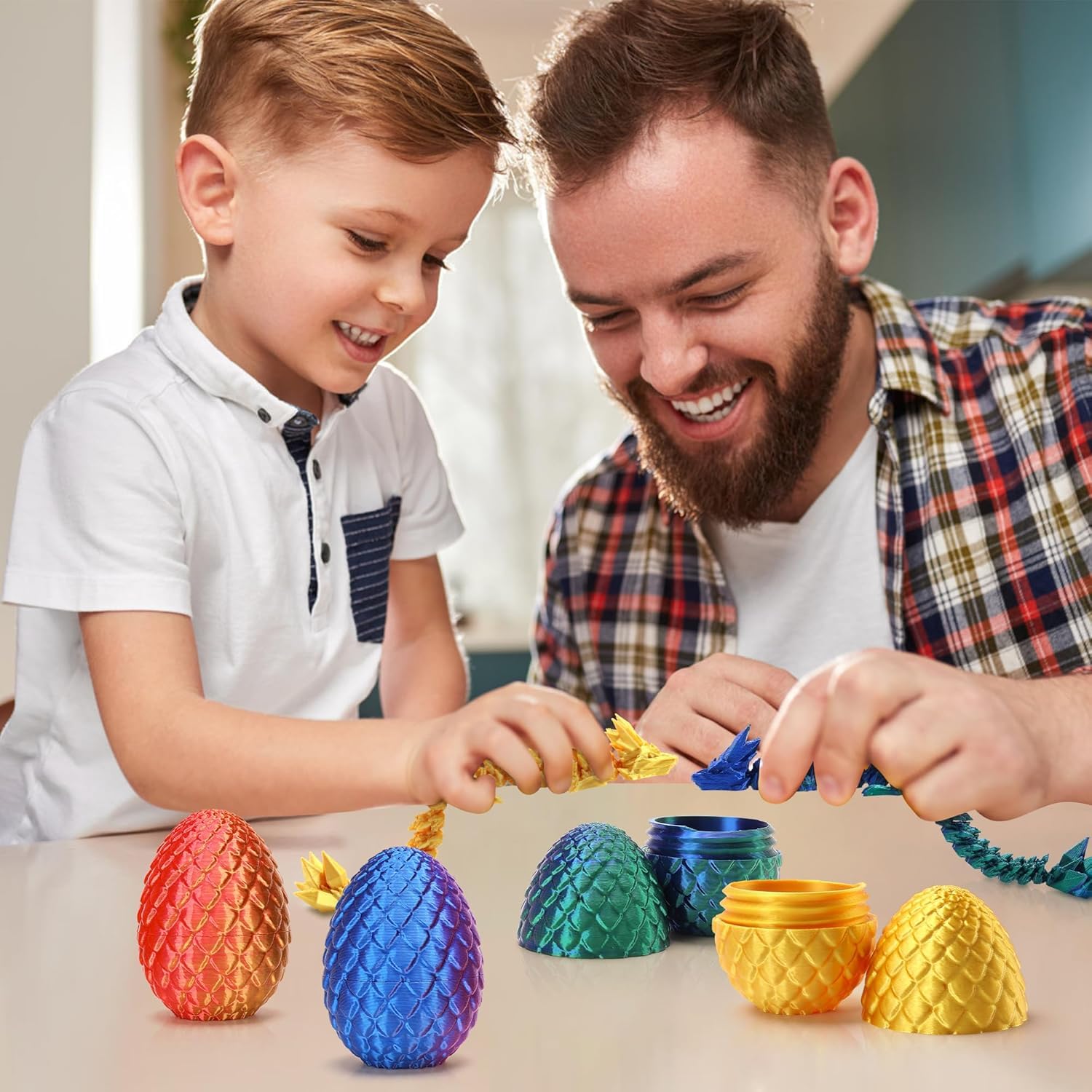 Set of 4 Mini 3D Printed Dragon Eggs with Articulated Dragons Inside – Fidget Toy Easter Basket Stuffers for Kids