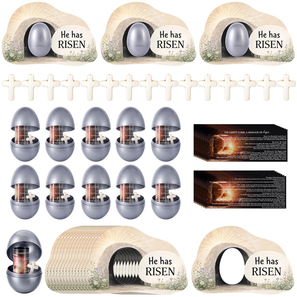 Sfcddtlg 60-Piece Easter Empty Tomb Eggs Set – 15 Interactive Resurrection Eggs with Prayer Cards, Tomb Cards, and Crosses for Church Events & Sunday School