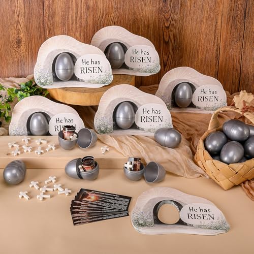 Sfcddtlg 60-Piece Easter Empty Tomb Eggs Set – 15 Interactive Resurrection Eggs with Prayer Cards, Tomb Cards, and Crosses for Church Events & Sunday School