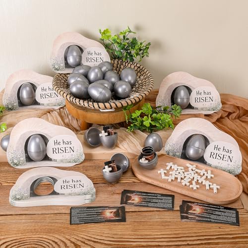 Sfcddtlg 60-Piece Easter Empty Tomb Eggs Set – 15 Interactive Resurrection Eggs with Prayer Cards, Tomb Cards, and Crosses for Church Events & Sunday School