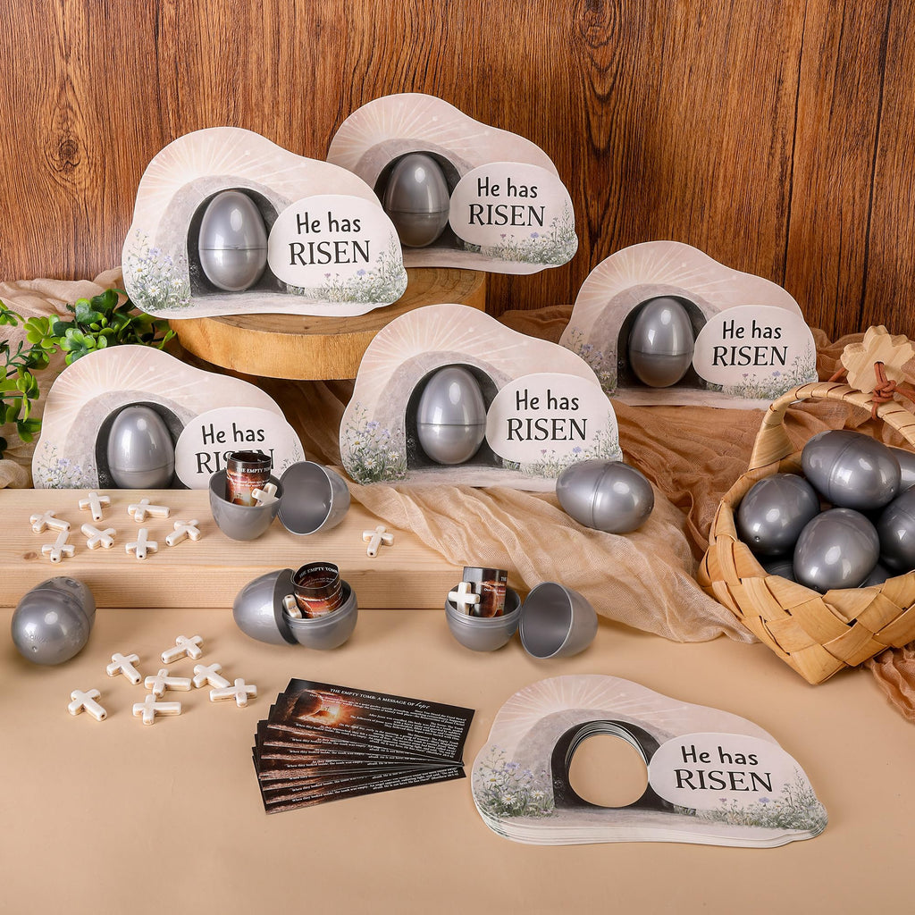 Sfcddtlg 60-Piece Easter Empty Tomb Eggs Set – 15 Interactive Resurrection Eggs with Prayer Cards, Tomb Cards, and Crosses for Church Events & Sunday School
