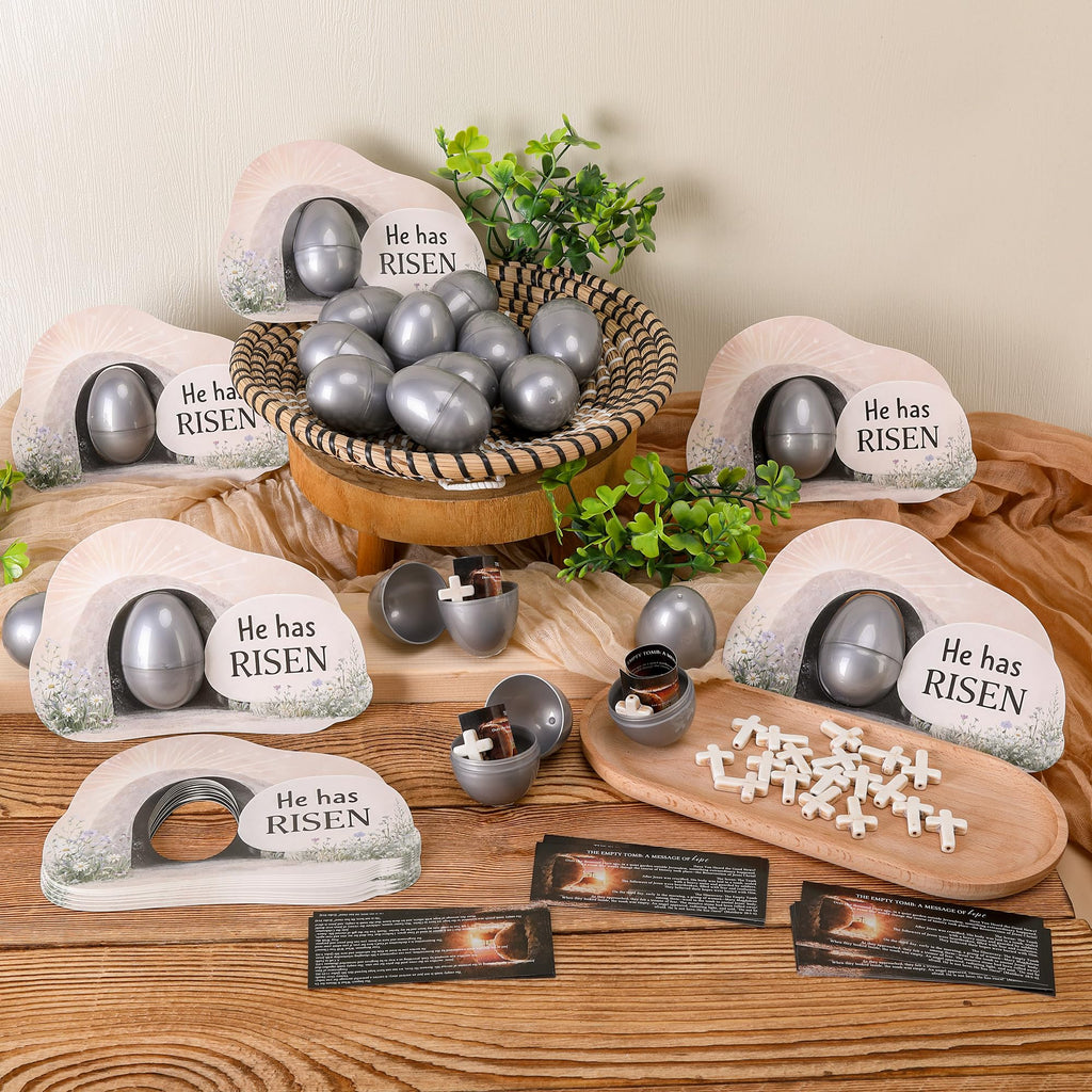 Sfcddtlg 60-Piece Easter Empty Tomb Eggs Set – 15 Interactive Resurrection Eggs with Prayer Cards, Tomb Cards, and Crosses for Church Events & Sunday School