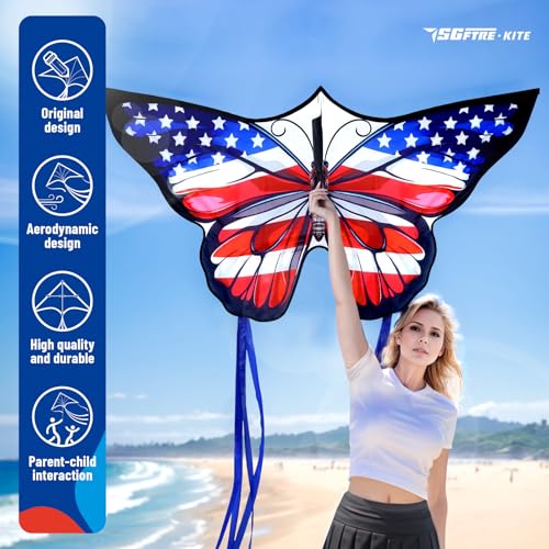 SGftre American Flag Butterfly Kite 55x28 Inches – Easy to Fly for Kids and Adults