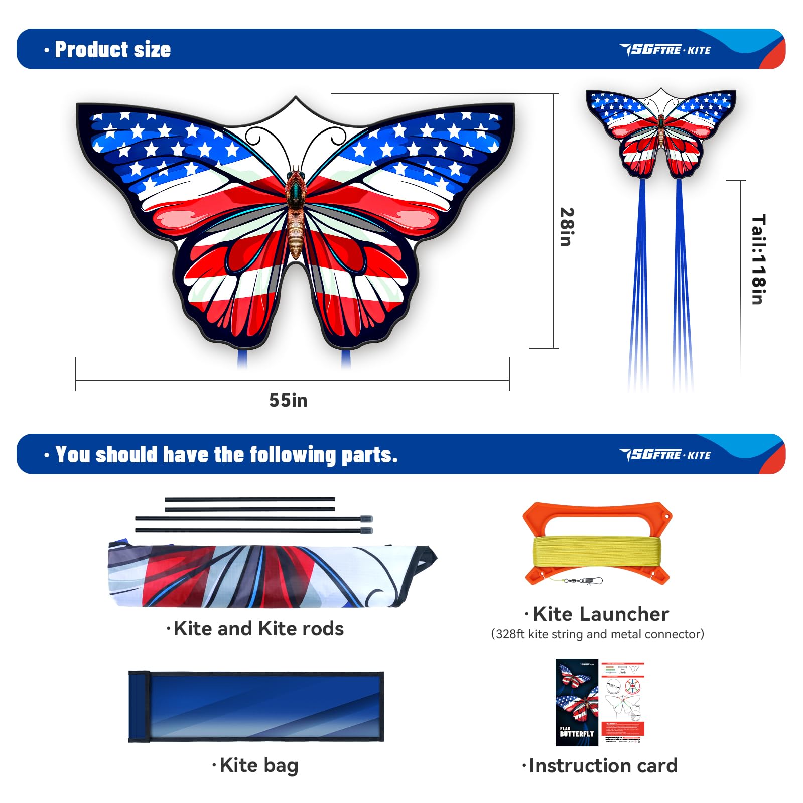 SGftre American Flag Butterfly Kite 55x28 Inches – Easy to Fly for Kids and Adults