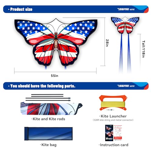 SGftre American Flag Butterfly Kite 55x28 Inches – Easy to Fly for Kids and Adults