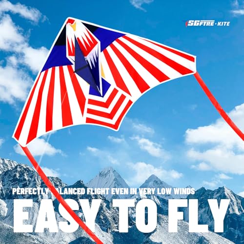 SGftre Large Delta Kite 57x34 inches Red White Blue Flag Eagle Design with 328ft String