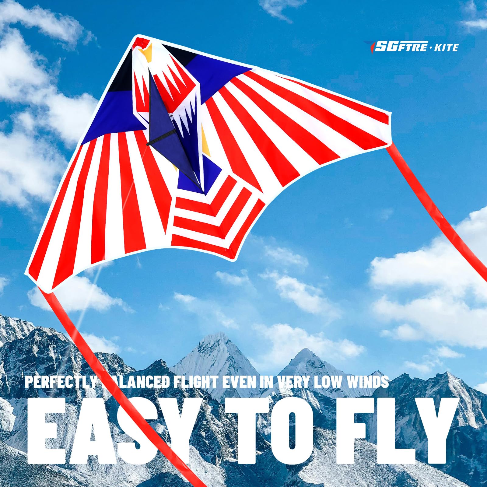 SGftre Large Delta Kite 57x34 inches Red White Blue Flag Eagle Design with 328ft String