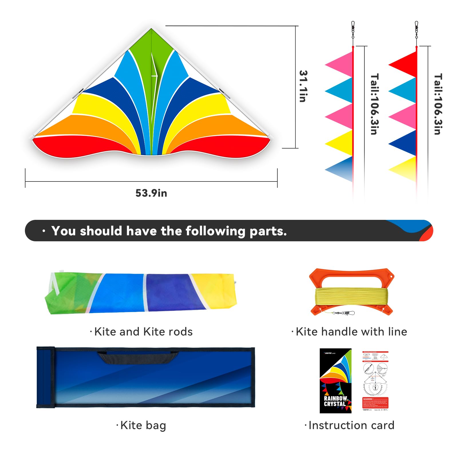 SGftre Rainbow Delta Kite Set for Kids & Adults – Easy to Fly, 55" Wide with 328ft Line
