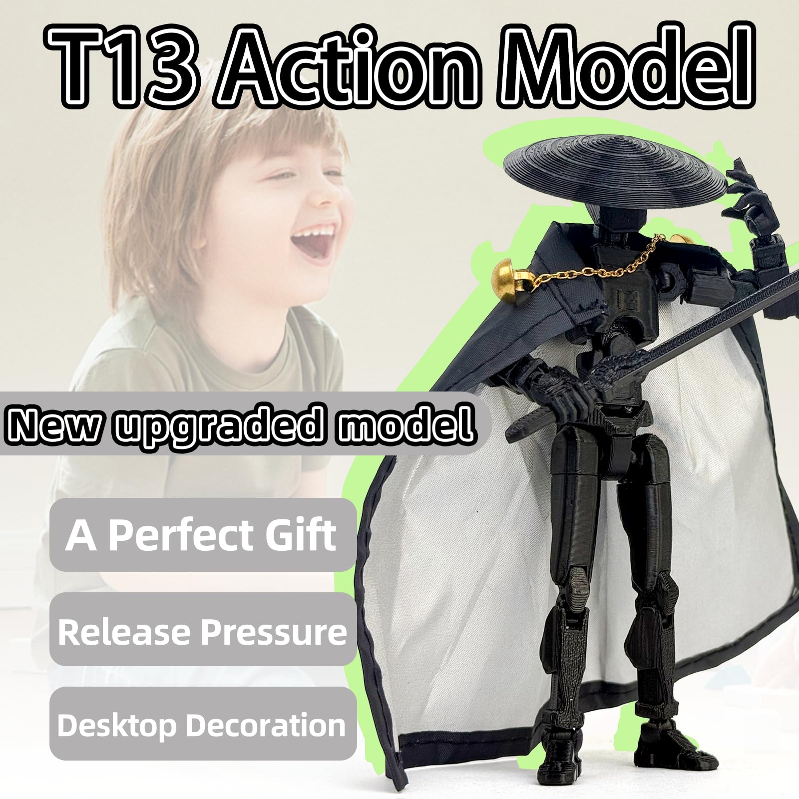SGYYSG T13 Assembly Completed Action Figure - 5.2 Inch 3D Printed Black Robot with Movable Joints and Accessories