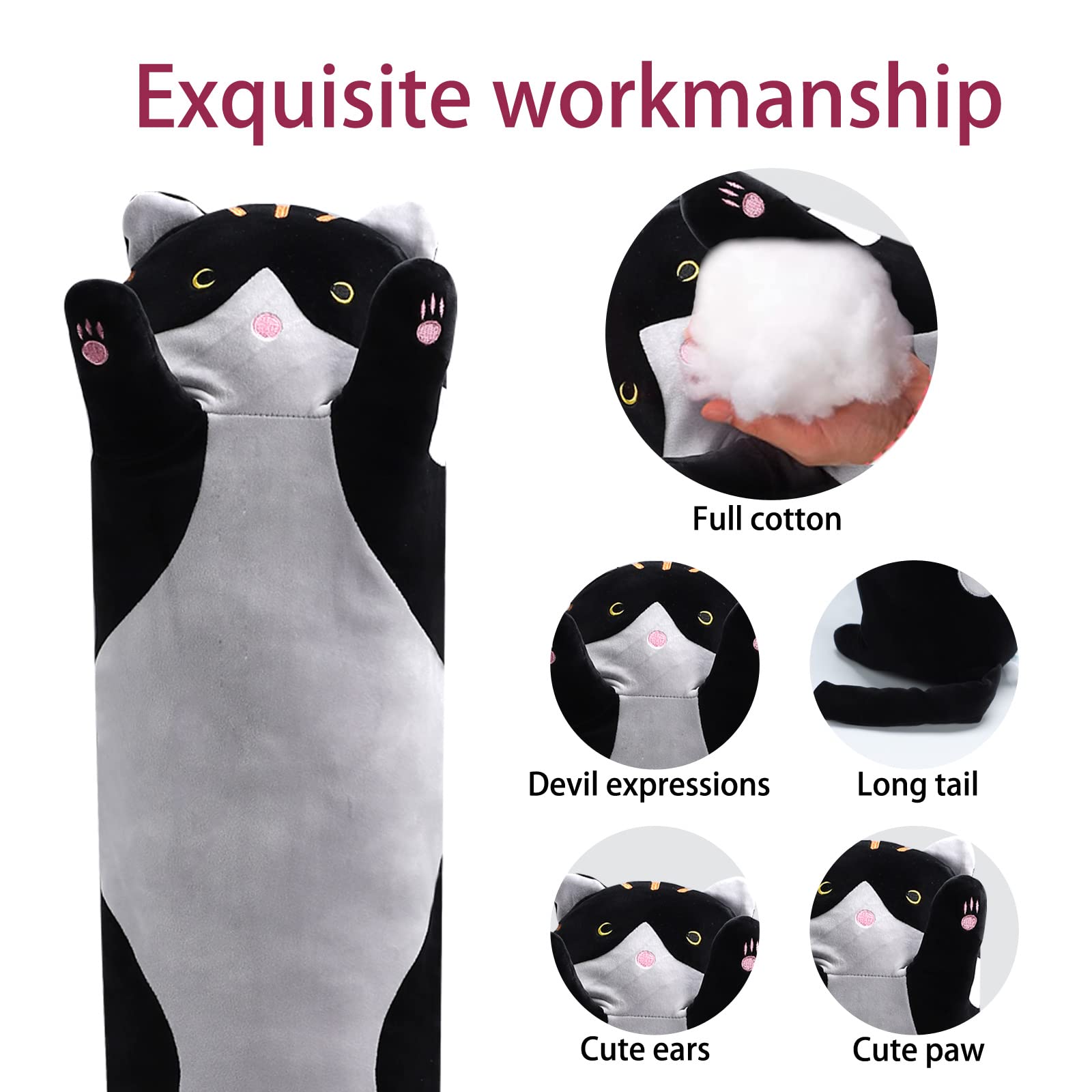 Shangman 50cm Black Plush Cat Doll – Soft Long Hugging Pillow for Kids & Girlfriend