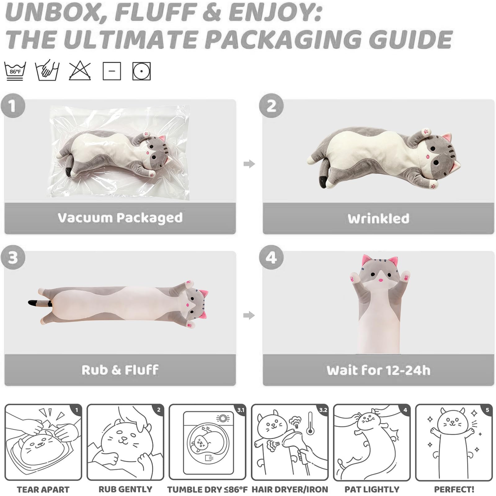shangman Lovely Plush Cat Doll - Cute Stuffed Kitten Pillow, Soft Hugging Toy for Kids and Adults, Multiple Sizes (Grey, 50cm/19.6in)