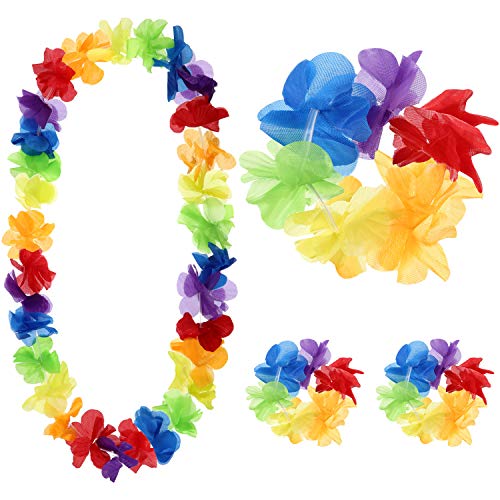 Shappy 2-Pack Hawaiian Hula Grass Skirt Costume Set for Kids - Luau Party Outfit with Lei Necklace, Headband, Bracelets (10 Pieces)